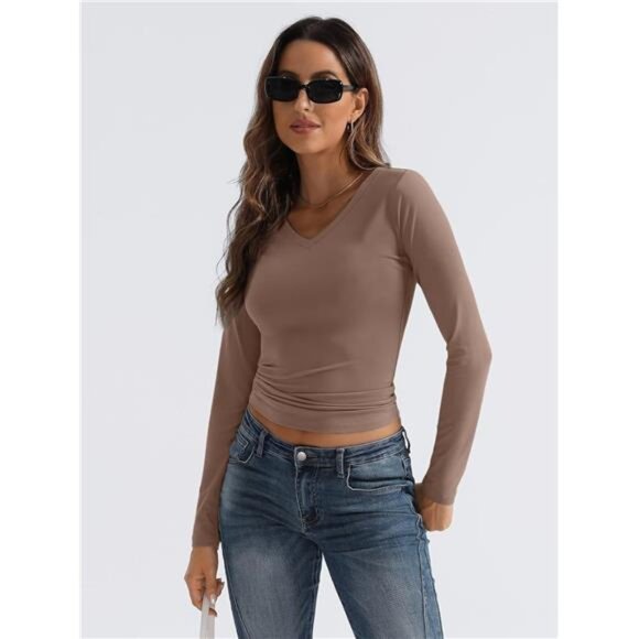 Sleeve Shirts for Women  Fall Fashion V Neck Basics Crop Tops Layering Slim - Picture 4 of 7